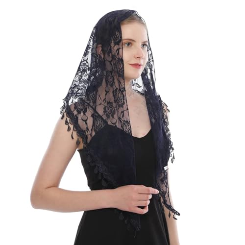 PALAY Lace Mantilla Mass Veil Triangle Head Scarf for Women Tassle Rose Jacquard Church Veil Cathedral Headwear Head Covering for Ladies - Navy Blue PALAY Lace Mantilla Mass Veil Triangle Head Scarf for Women Tassle Rose Jacquard Church Veil Cathedral Headwear Head Covering for Ladies - Navy Blue